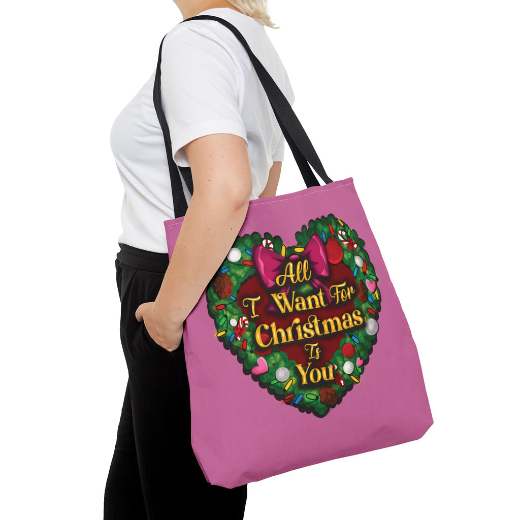 Christmas Heart Wreath Tote Bag — "All I Want for Christmas Is You"