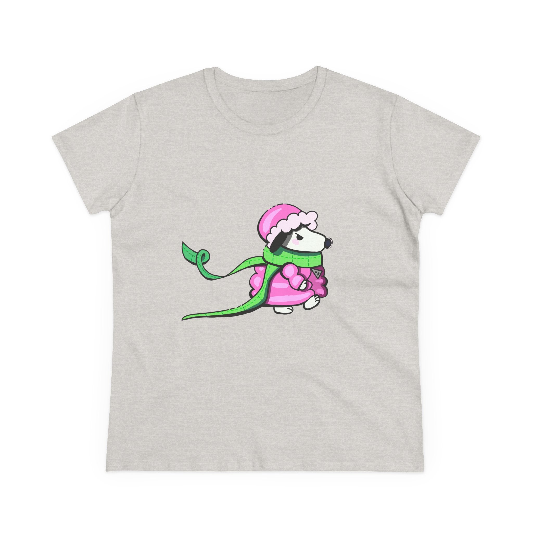 Cute Winter Dog Tee — Pink Scarf Pup Women's Cotton Shirt