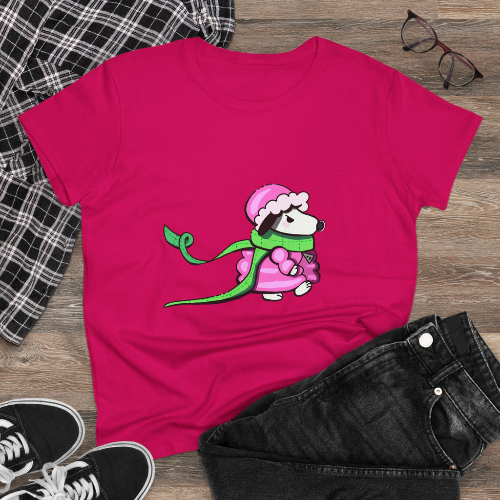Cute Winter Dog Tee — Pink Scarf Pup Women's Cotton Shirt