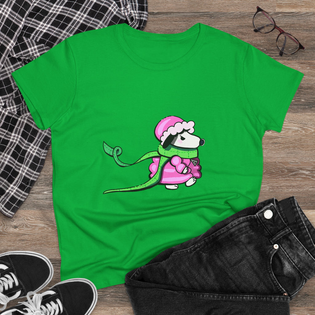 Cute Winter Dog Tee — Pink Scarf Pup Women's Cotton Shirt