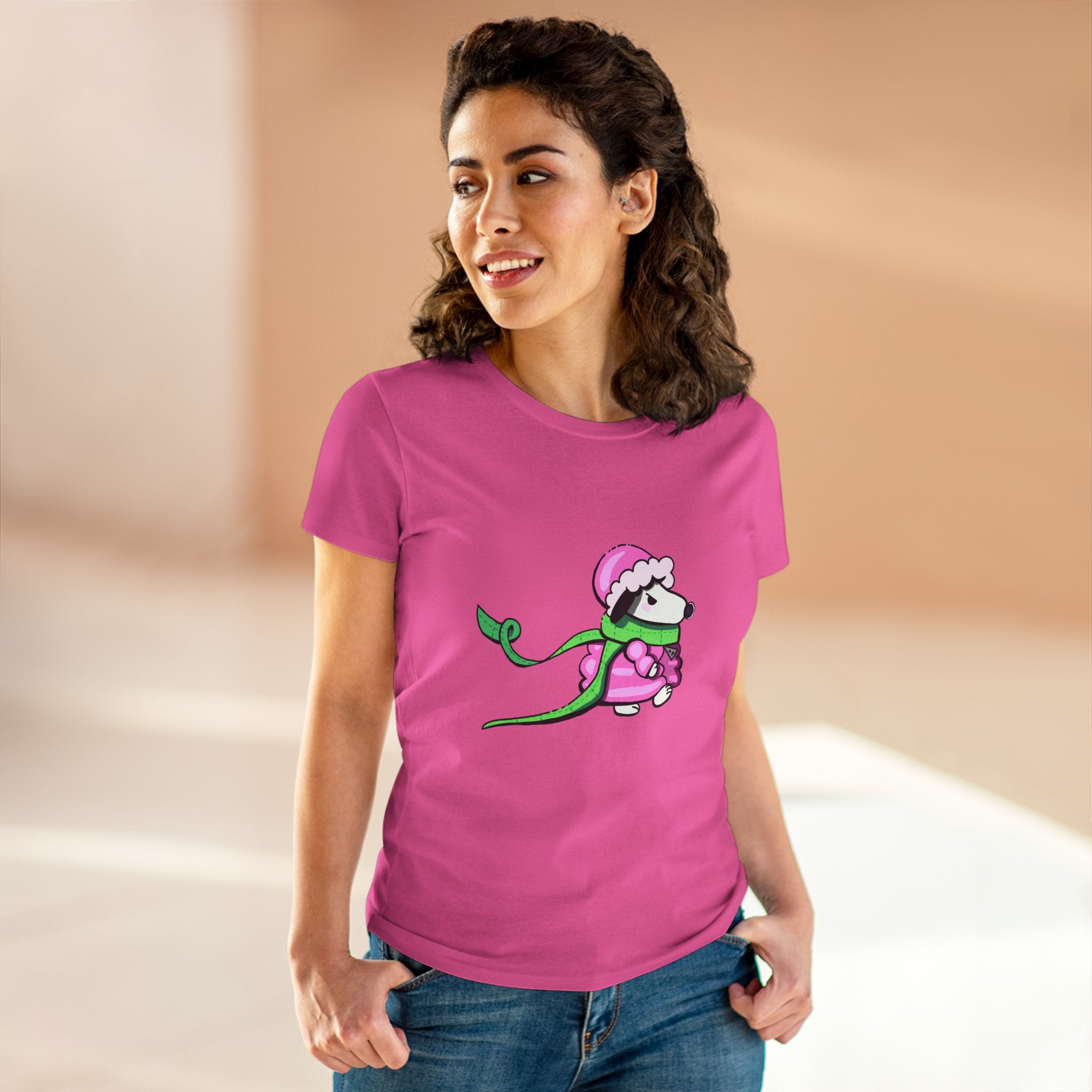 Cute Winter Dog Tee — Pink Scarf Pup Women's Cotton Shirt