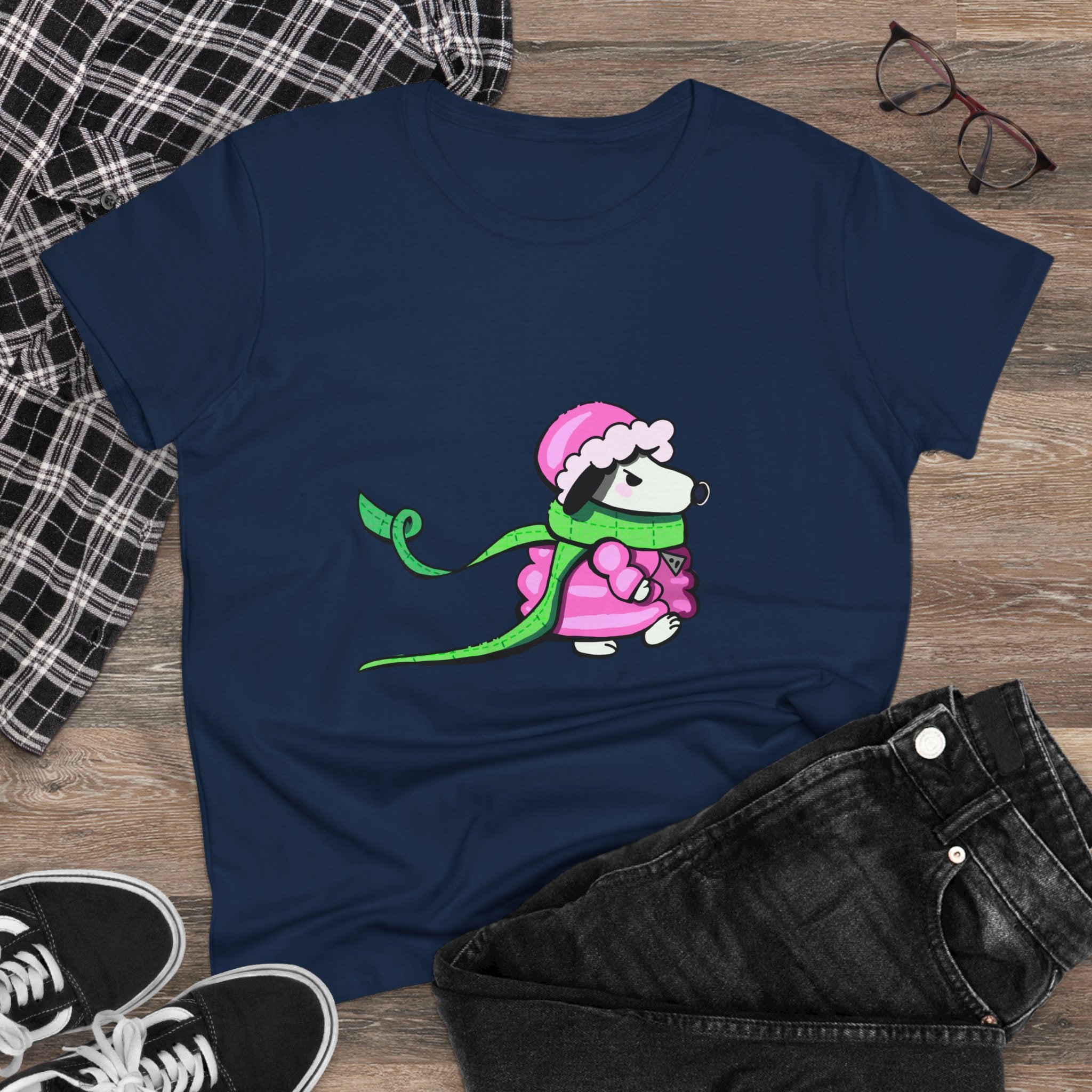 Cute Winter Dog Tee — Pink Scarf Pup Women's Cotton Shirt