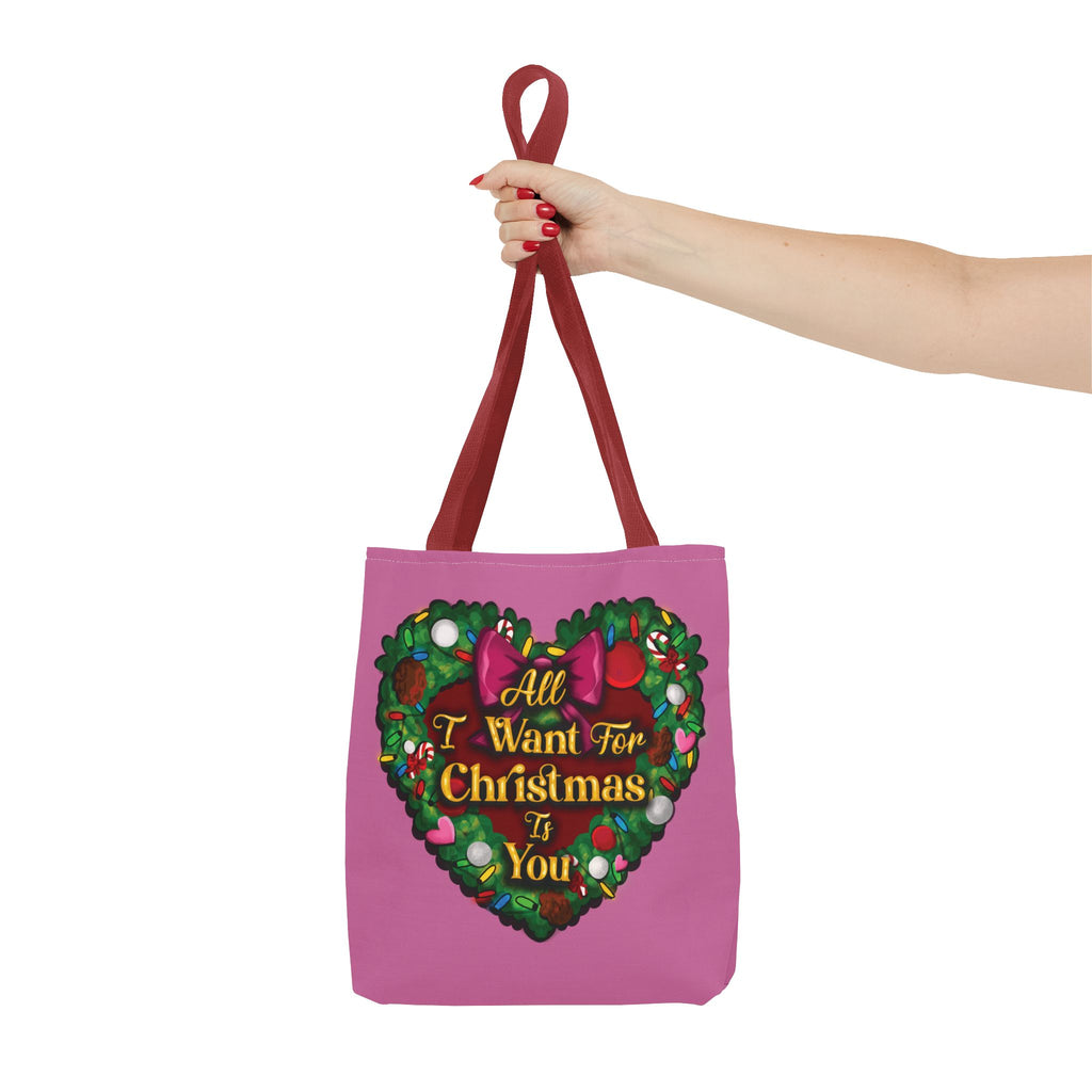 Christmas Heart Wreath Tote Bag — "All I Want for Christmas Is You"