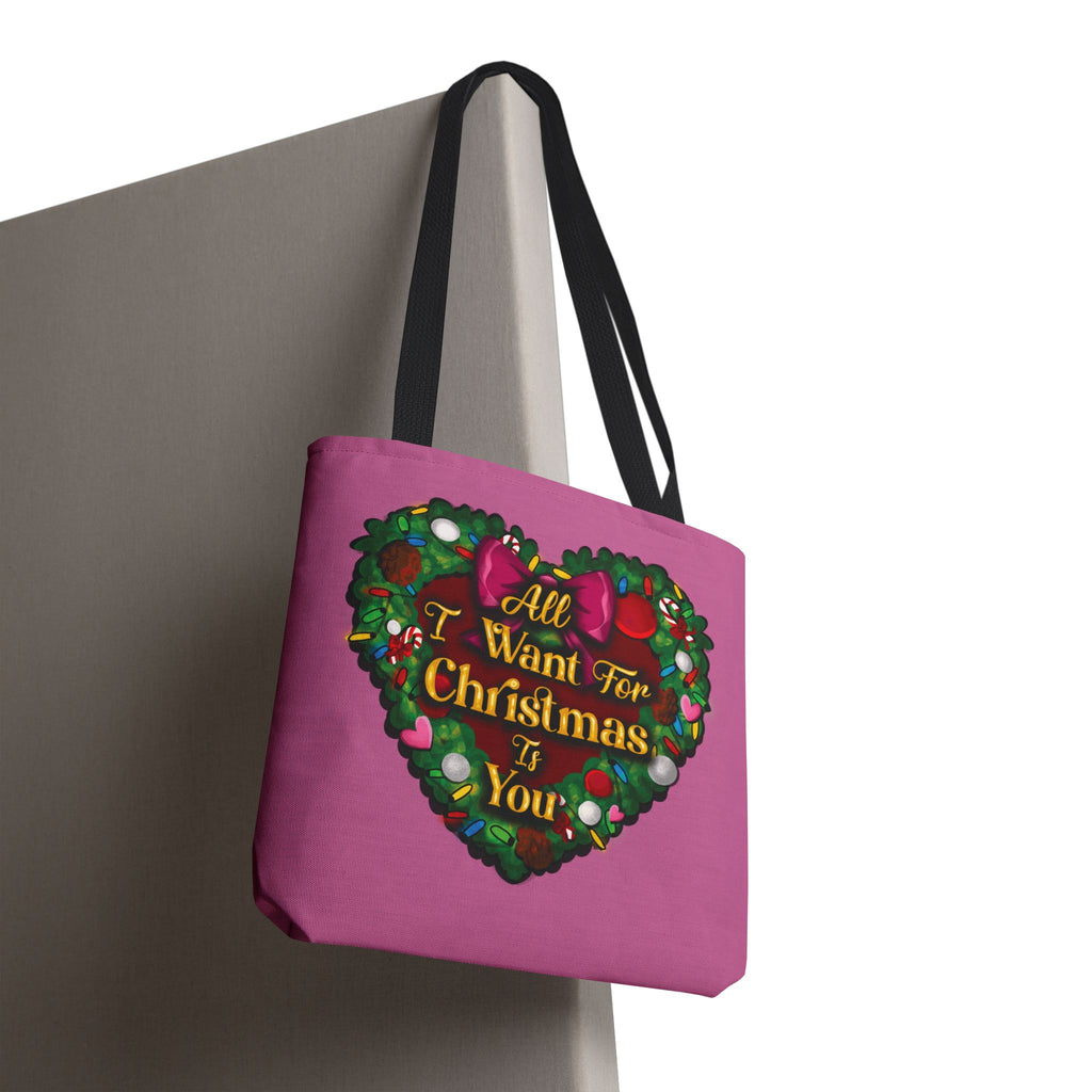 Christmas Heart Wreath Tote Bag — "All I Want for Christmas Is You"