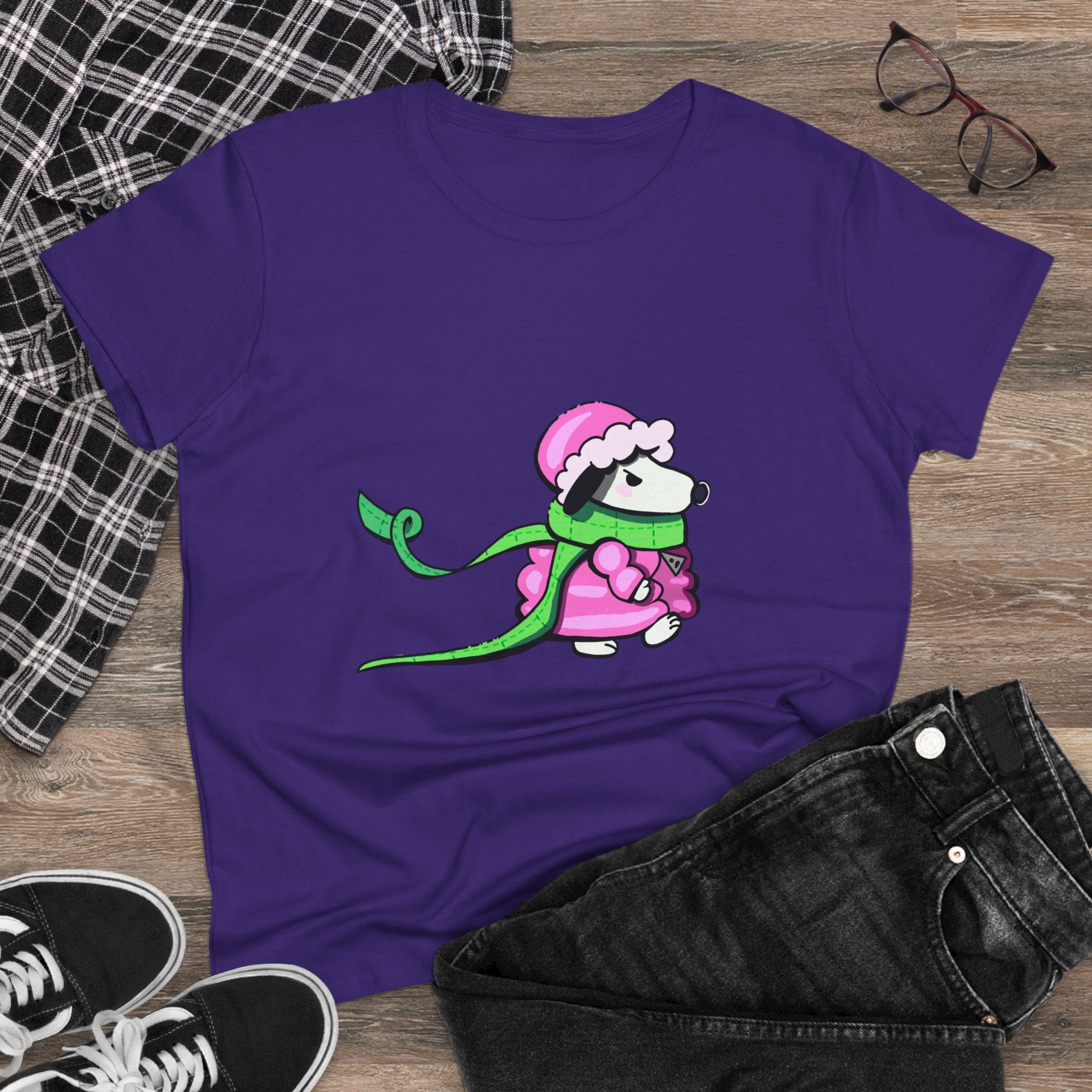 Cute Winter Dog Tee — Pink Scarf Pup Women's Cotton Shirt