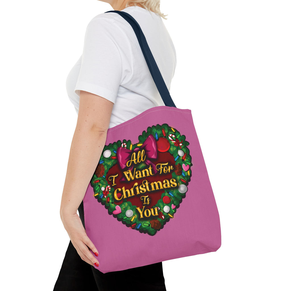 Christmas Heart Wreath Tote Bag — "All I Want for Christmas Is You"