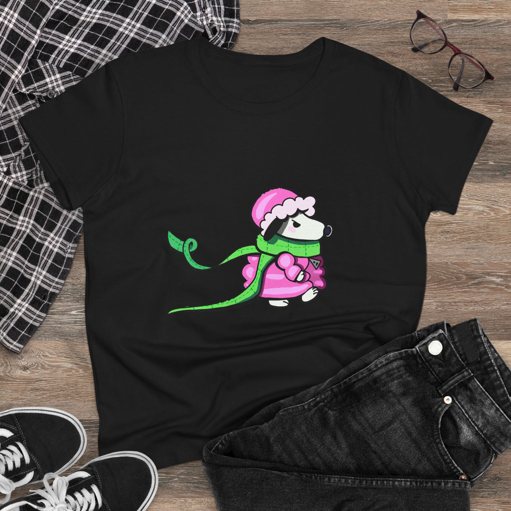 Cute Winter Dog Tee — Pink Scarf Pup Women's Cotton Shirt