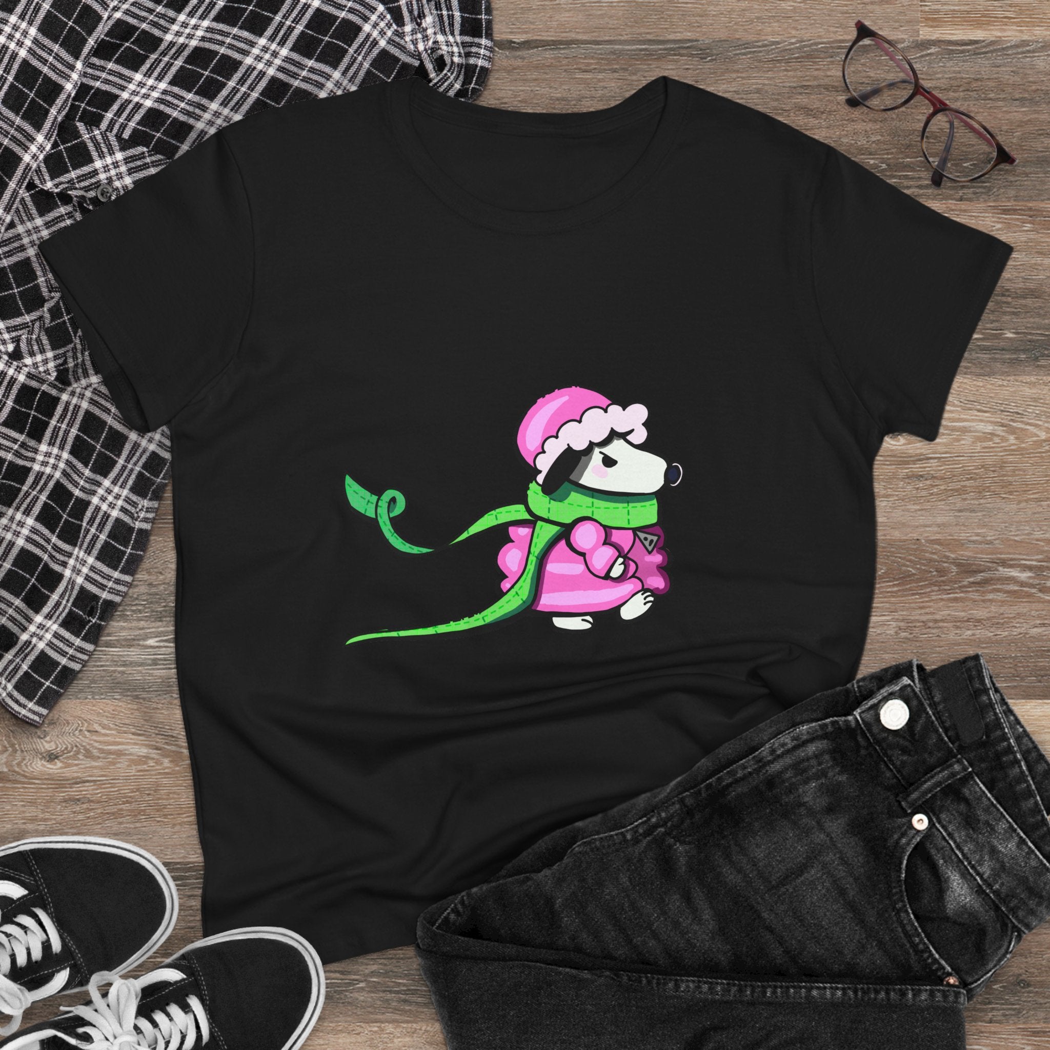 Cute Winter Dog Tee — Pink Scarf Pup Women's Cotton Shirt