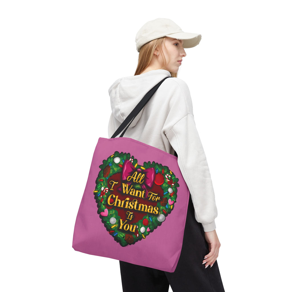 Christmas Heart Wreath Tote Bag — "All I Want for Christmas Is You"