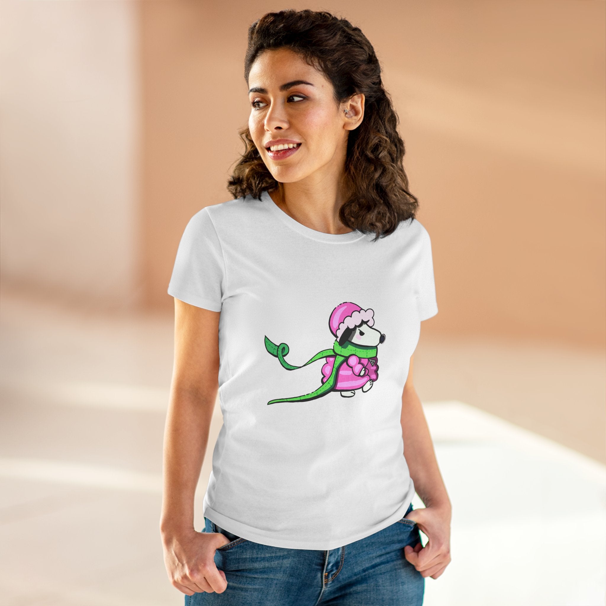 Cute Winter Dog Tee — Pink Scarf Pup Women's Cotton Shirt