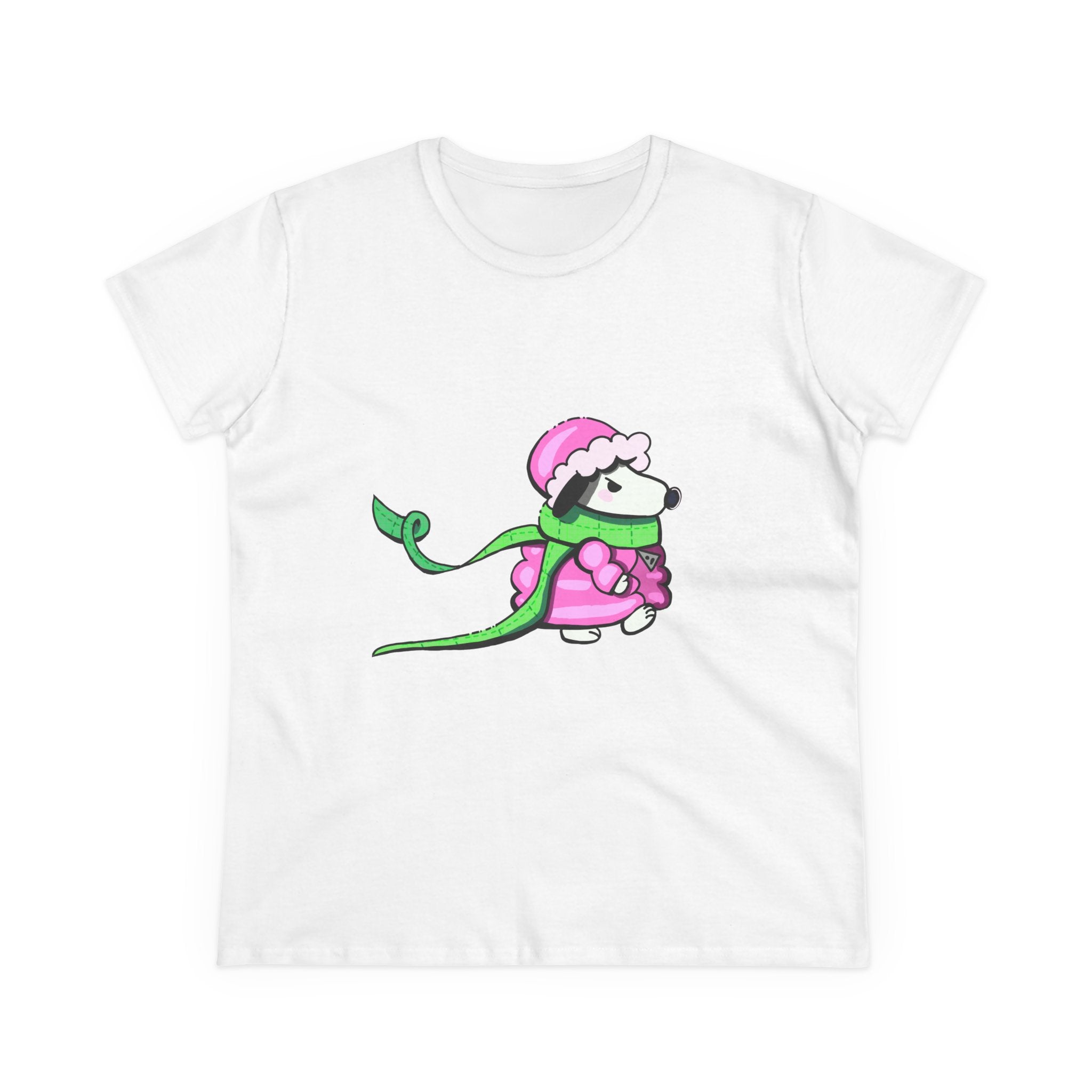 Cute Winter Dog Tee — Pink Scarf Pup Women's Cotton Shirt