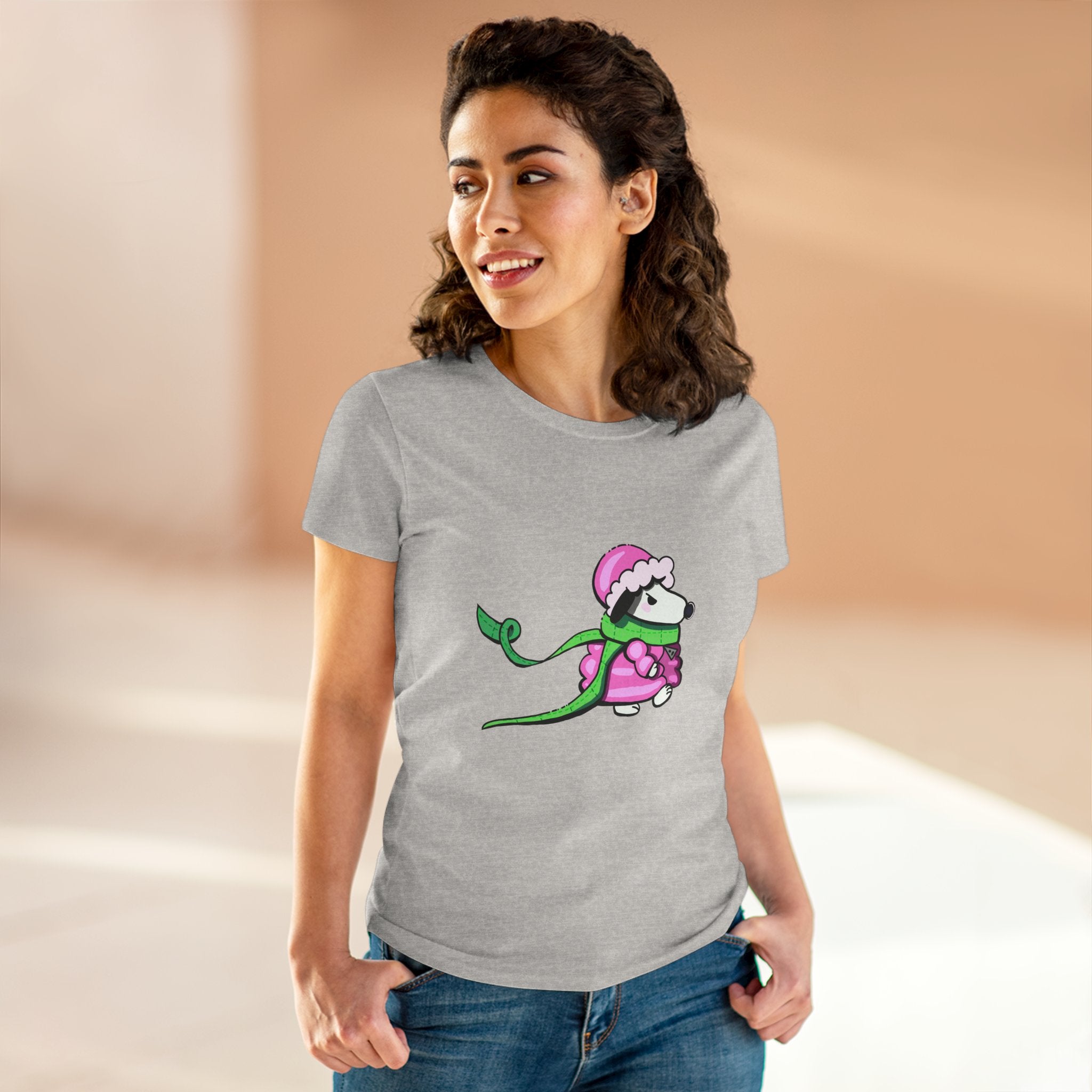 Cute Winter Dog Tee — Pink Scarf Pup Women's Cotton Shirt