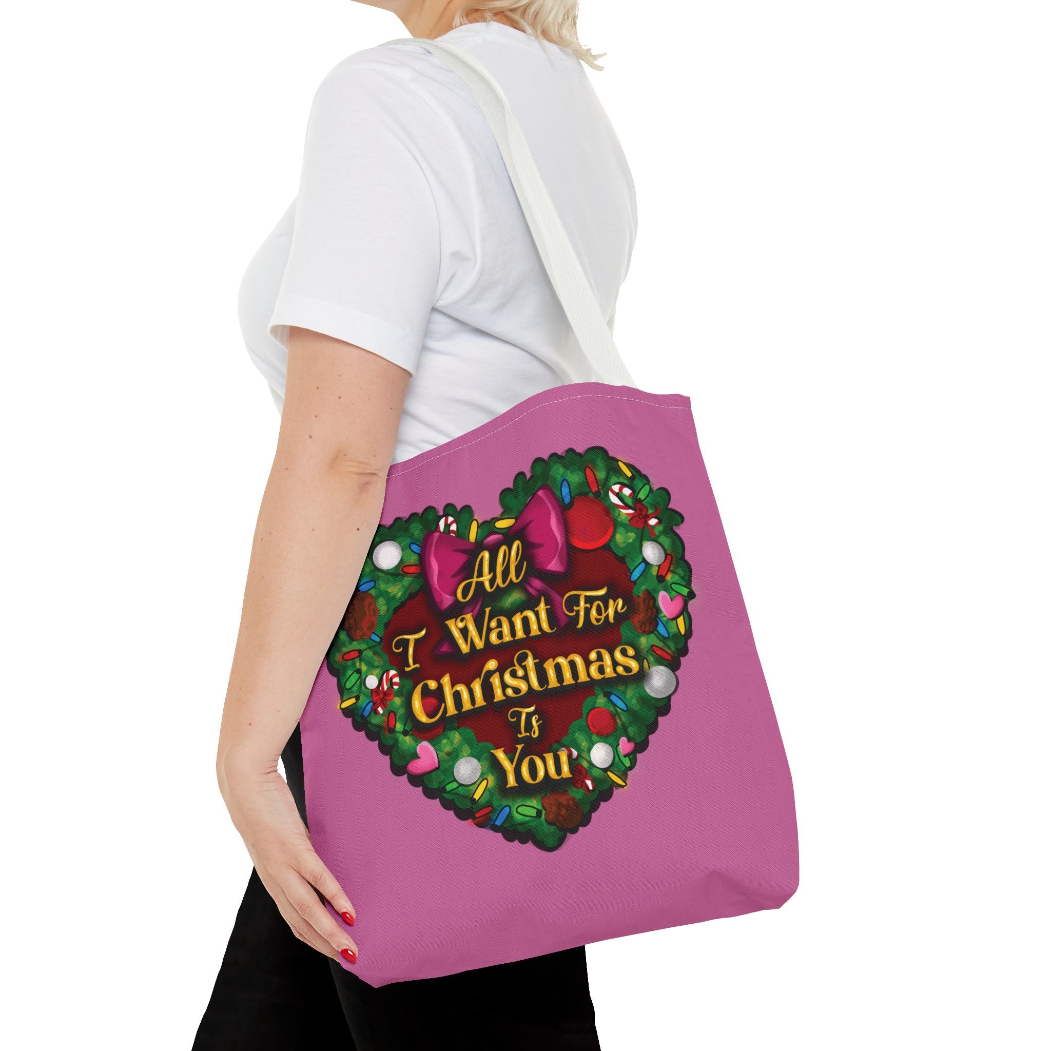 Christmas Heart Wreath Tote Bag — "All I Want for Christmas Is You"