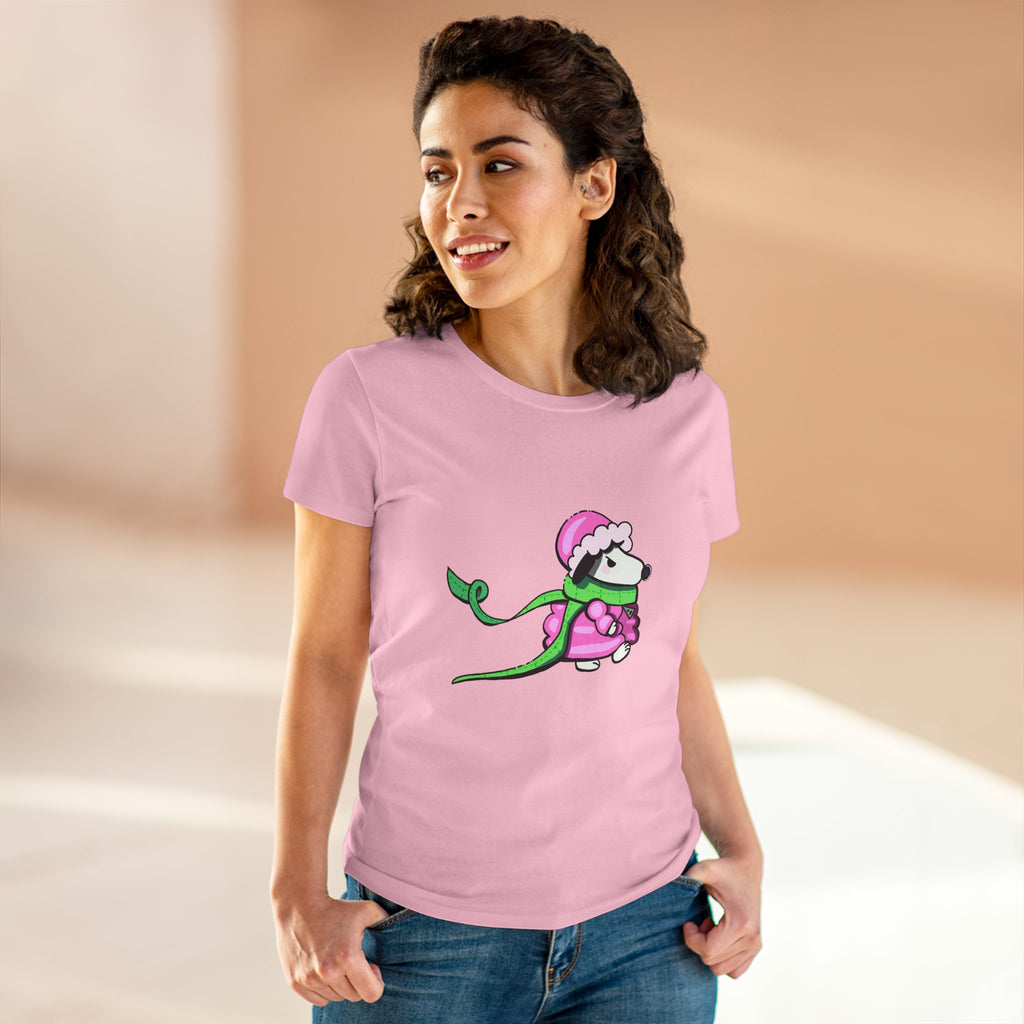 Cute Winter Dog Tee — Pink Scarf Pup Women's Cotton Shirt