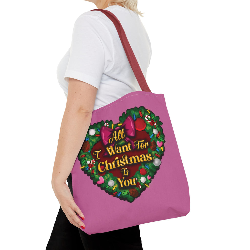 Christmas Heart Wreath Tote Bag — "All I Want for Christmas Is You"