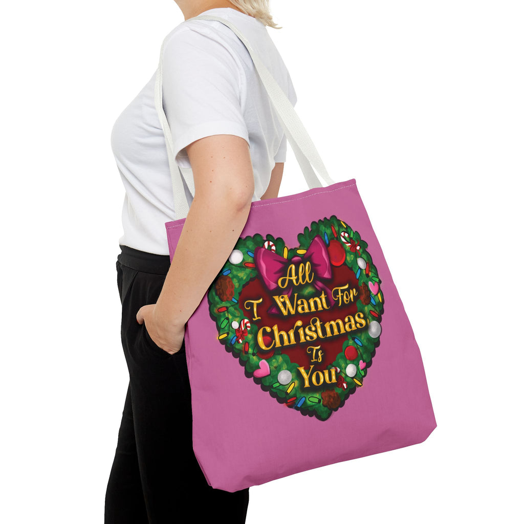 Christmas Heart Wreath Tote Bag — "All I Want for Christmas Is You"