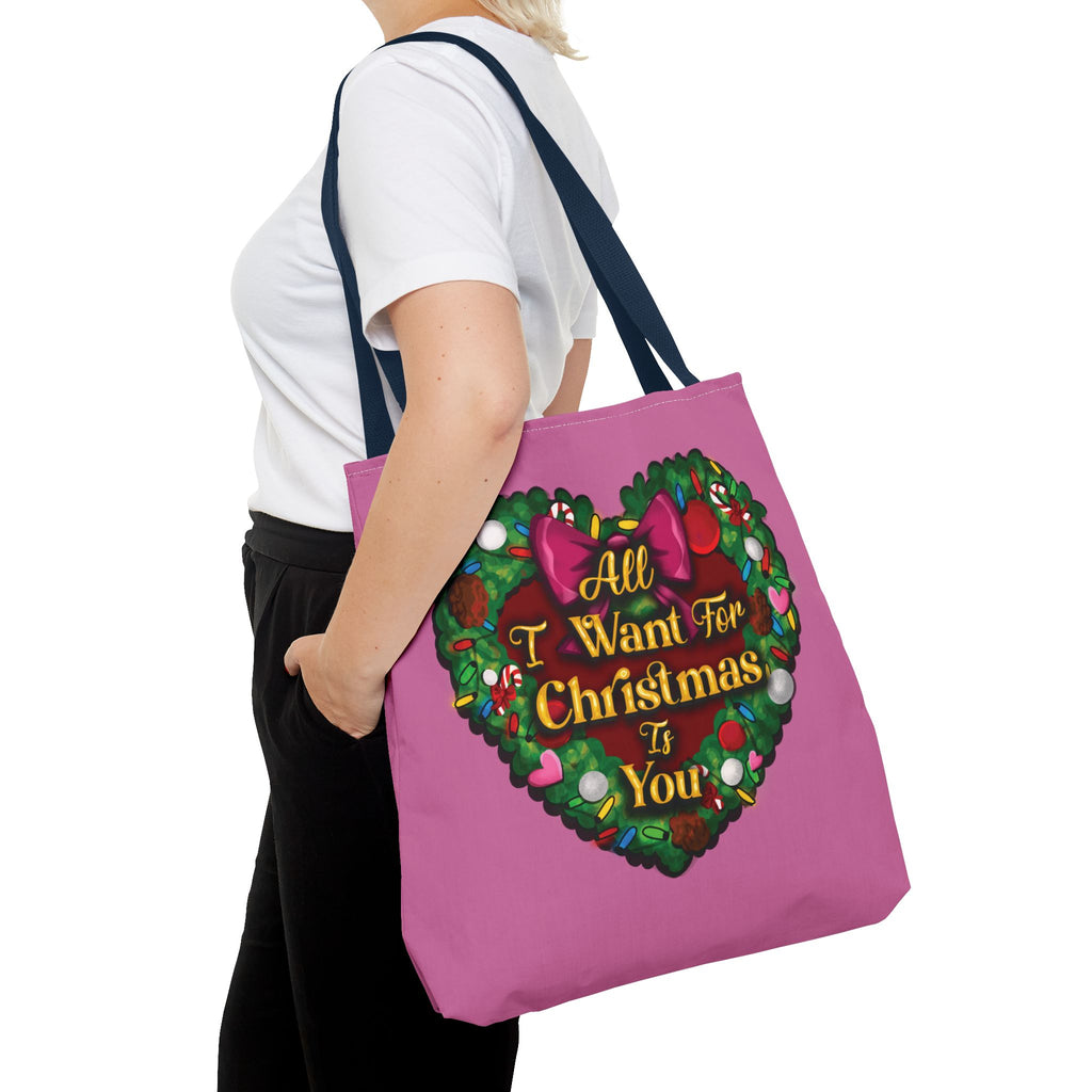 Christmas Heart Wreath Tote Bag — "All I Want for Christmas Is You"