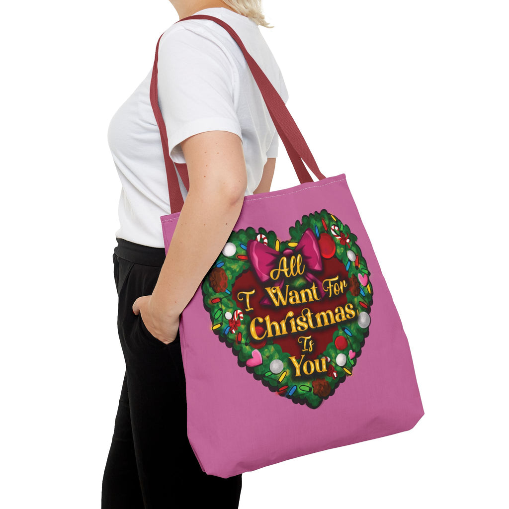 Christmas Heart Wreath Tote Bag — "All I Want for Christmas Is You"